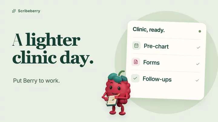 A lighter clinic day: Berry beside a checklist for pre-charting, forms and follow-ups.